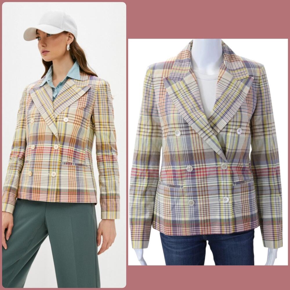 Polo Ralph Lauren Multi Plaid Madras Double Breasted Cotton Blazer Jacket Size 2